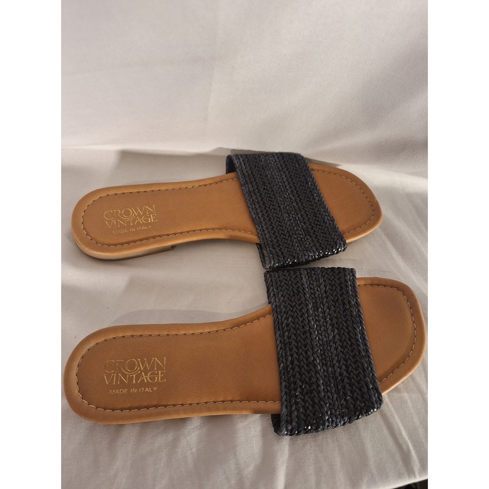 Crown Vintage Womens Black Woven Slide Sandals Made in Italy Square Toe SZ 8.5M